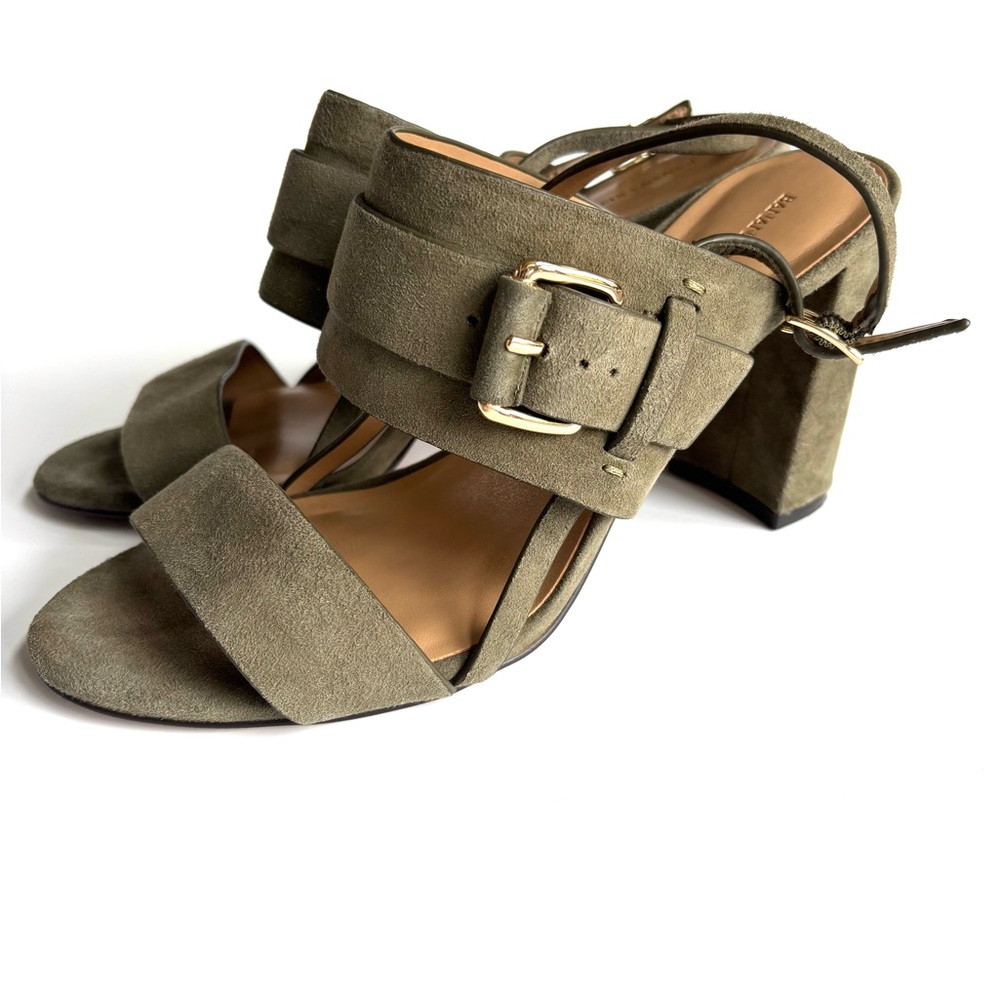 Banana Republic Split Suede Double Strap Heeled Buckle Sandals Sz 8.5 Sage Green